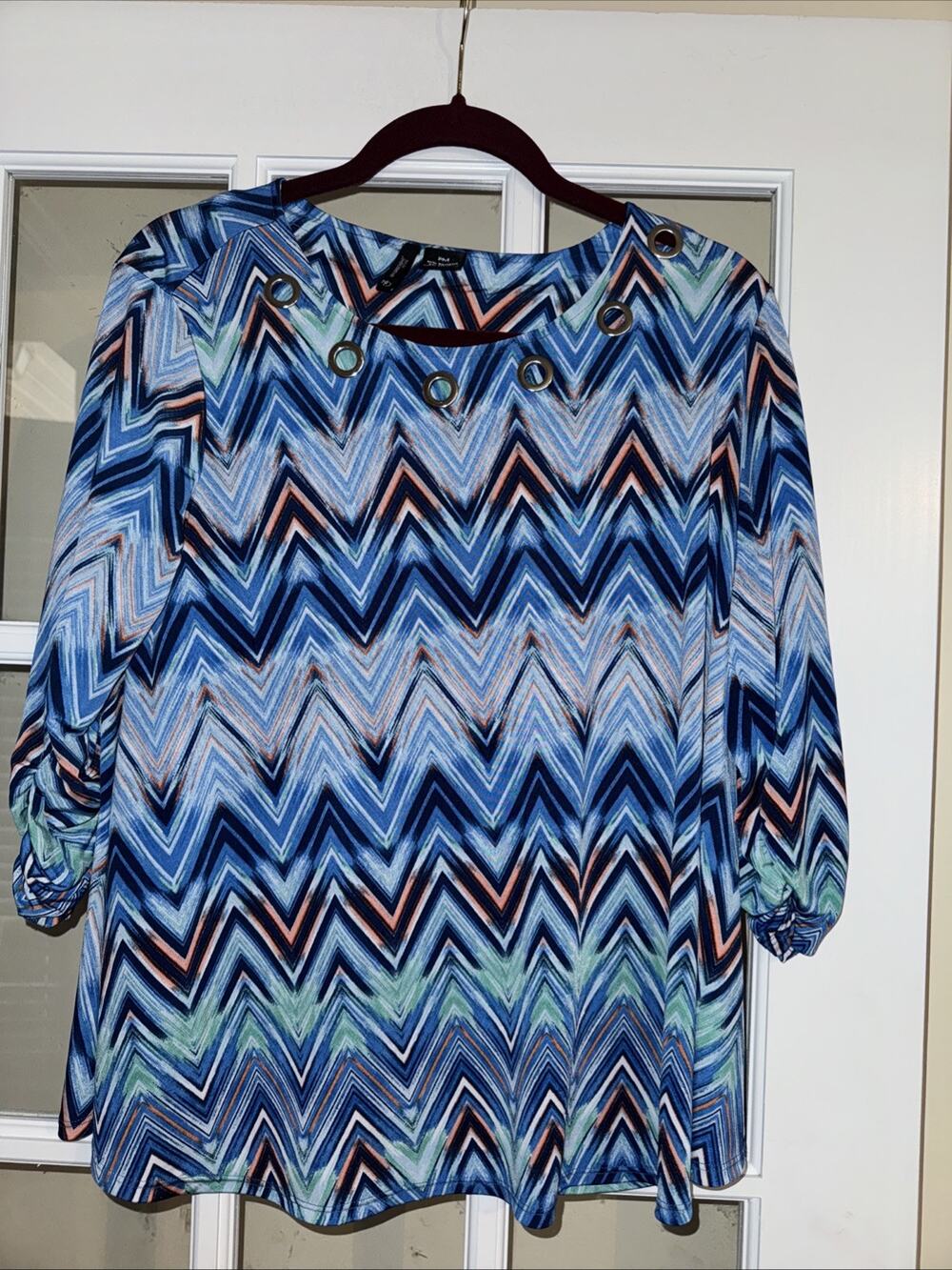 New Directions Womens Multicolor Chevron blue silver rings top 3/4 sleeve PM
